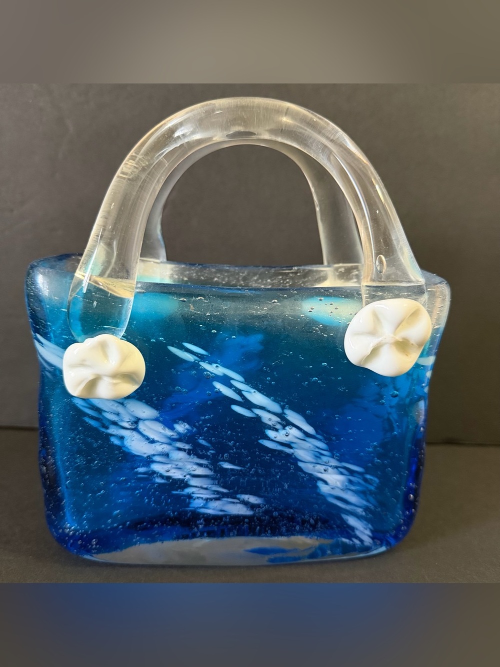 Murano Style Art Glass Vase Hand Blown Blue White Purse Handbag Nautical Vintage